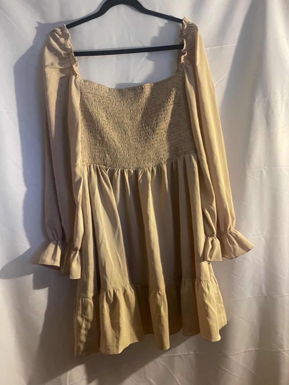 Beige Smocked Square-Neck Peasant Dress